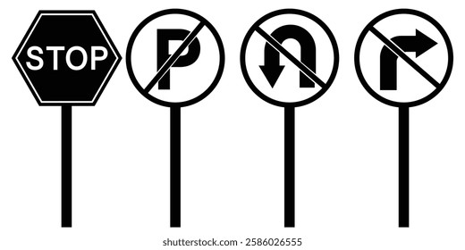 traffic signs: no stopping, no parking, no turning around, no turning right