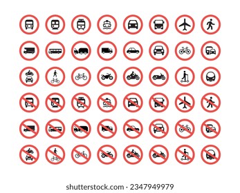 Paket mit Verkehrszeichen Alle erlauben und verbieten Verkehrszeichen, Vektorsymbol. Set von Transport Symbol mit einfachem Line Design. Symbolsatz des Stadtverkehrs. Vektorgrafik.