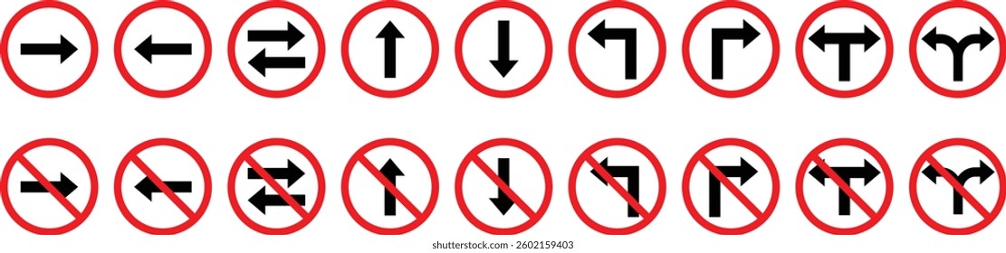 Traffic Signs Pack Set. Road Traffic Prohibition Signs. Set of standard road traffic prohibitions. Road navigation arrows, direction mark, crossroad symbol