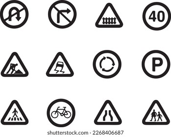 "Traffic signs" refer to visual cues and markers placed on or near roadways to convey information or warnings to drivers, pedestrians, and cyclists.