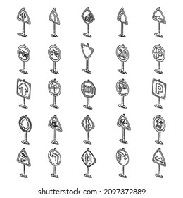 Traffic Signs in the Road Hand Drawn Icon Set Vector.