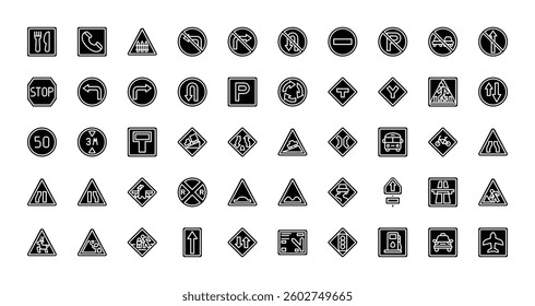 traffic signs road warning highway code icons. solid glyph style icon set