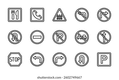 traffic signs road warning highway code icons. outline minimal style icon set