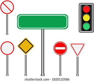 Traffic Signs set with pole, green sign, no entry sign, traffic light, yellow diamond sign, triangle sign