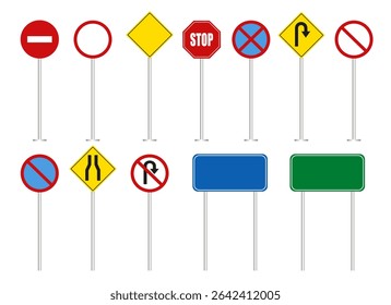 Traffic signs set. Road icons. Collection showcasing various regulations and warnings commonly found on roads. Vector illustration