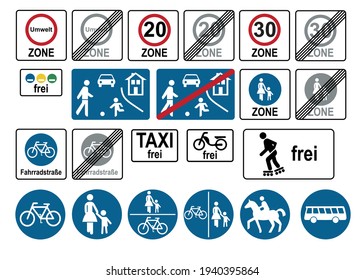 Traffic signs set. Special routes, traffic-calmed zones and environmental zones. German text: Environment, free, taxi, Fahradstrasse, Zone. Vector file