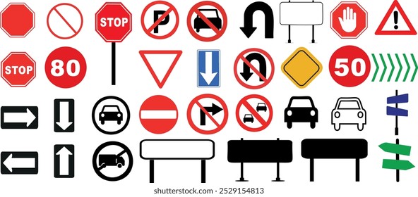 Traffic signs, stop signs, no parking, speed limits, warning, and directional symbols are crucial for safety and road regulations vector illustration ideal for educational and professional use