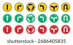 Traffic signs with various directional arrows, including straight, turn, roundabout, and U-turn symbols.