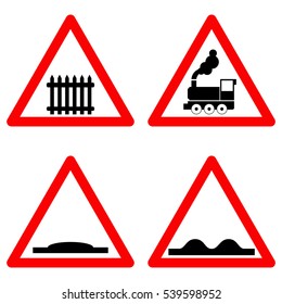 Traffic signs vector set on white background, railway level crossing ahead, speed hump, rough road symbols in red triangle. Vector illustration