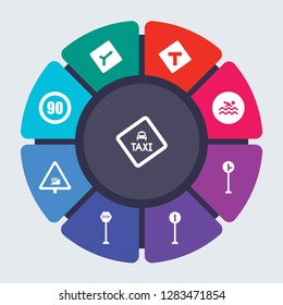 traffic signs vector template for infographics. Business concept with 9 options, steps, parts, segments. Banner infographic cycling diagram, round chart, Taxi, Tall, T junction, Swimming icons