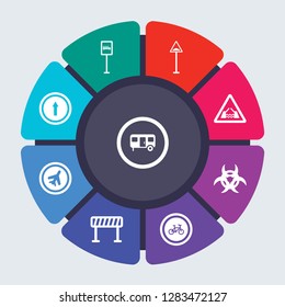 traffic signs vector template for infographics. Business concept with 9 options, steps, parts, segments. Banner infographic cycling diagram, round chart, Caravan, Bus stop, Bump, Bridge road icons
