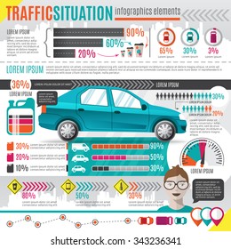 Traffic Situation infographics. Bright and bold infographics project about cars in the city. With a man personage and a big car illustration in the centre.