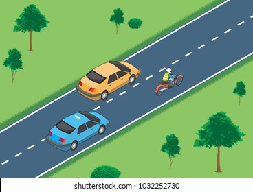 Traffic situation with two cars and one motorbike