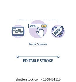 Traffic sources concept icon. Visitors attraction strategy idea thin line illustration. SEO tips for business development. Vector isolated outline RGB color drawing. Editable stroke
