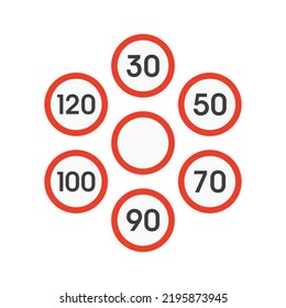 Traffic speed limit sign set isolated on white background. Limit of maximum speeds road signs. Realistic style. Vector illustration EPS 10.