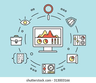 Traffic of statistics and bandwidth, accounting and economy of  Internet traffic - safety, reliability and benefit for users. Vector flat illustration, isolated on blue background