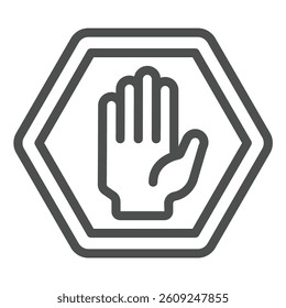 Traffic stop hand palm line icon, making road concept. Vector graphics. Stopping movement hand gesture, road sign on white background, outline style icon for mobile or web design
