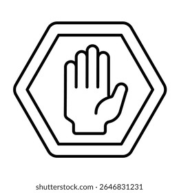 Traffic stop hand palm thin line icon, making road concept. Vector graphics. Stopping movement hand gesture, road sign on white background, style mobile or design