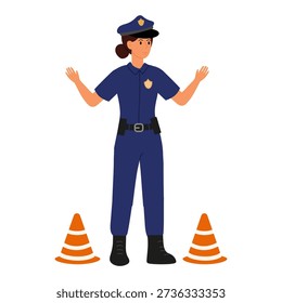 Traffic stop. Policewoman stands between traffic cones and holds her hands up, stopping movement of cars. Flat vector illustration