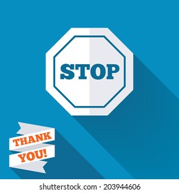 Traffic stop sign icon. Caution symbol. White flat icon with long shadow. Paper ribbon label with Thank you text. Vector