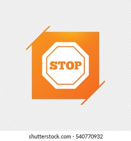 Traffic stop sign icon. Caution symbol. Orange square label on pattern. Vector