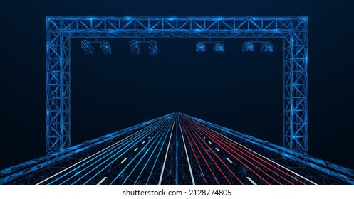 Traffic surveillance cameras. Expressway. A construction of interconnected lines and dots. Blue background.