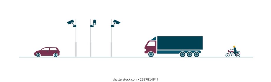 Traffic surveillance cameras filming next to a road with vehicles passing by. Technology, transport. Flat style colorful vector illustration isolated on white background.