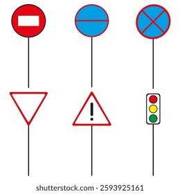 Traffic symbol set. Stop and yield signs. Red and blue shapes. White background design. EPS 10.