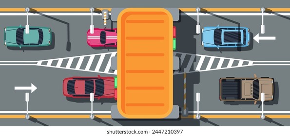 Traffic Toll Gate Top View. Highway Toll. View from Above. Road with Checkpoint. Road Tax for Using Expensive. Map of Cars Urban Transport Traffic Regulations Rules of Road. Flat Vector Illustration