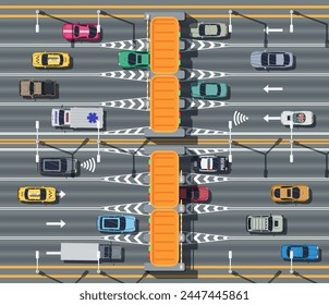 Traffic Toll Gate Top View. Highway Toll. View from Above. Road with Checkpoint. Road Tax for Using Expensive. Map of Cars Urban Transport Traffic Regulations Rules of Road. Flat Vector Illustration