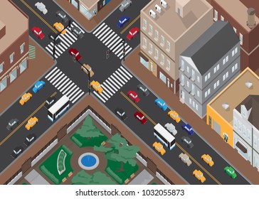 Traffic Town Perspective View, Vector Illustration