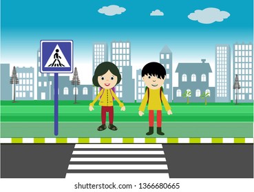 traffic training. walkway path for pedestrians. two students waiting at pedestrian crossing. traffic rules for children.