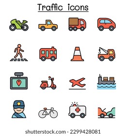 Traffic and Transportation color line icon set