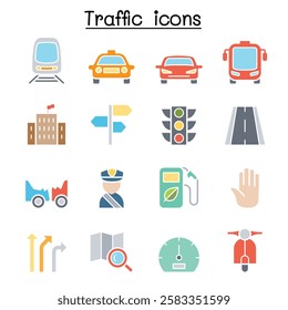 Traffic and Transportation icon set  in flat color style