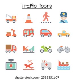 Traffic and Transportation icon set  in flat color style