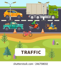 Traffic: truck, car, motorcycle, moped, bike ride down the road. Vector flat illustration