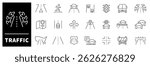Traffic vector icons set. Symbols with traffic lights, road network, city street, traffic jam and pedestrian crossing related icons.  Thin line traffic icons collection.