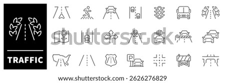 Traffic vector icons set. Symbols with traffic lights, road network, city street, traffic jam and pedestrian crossing related icons.  Thin line traffic icons collection.