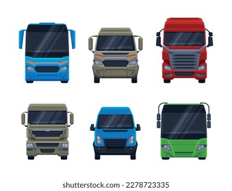 Traffic vehicles set. Front view of bus, truck, van car flat vector illustration