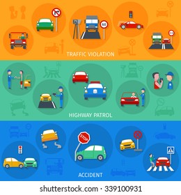 Traffic violation horizontal banner set with road accidents elements isolated vector illustration