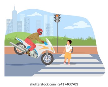 Traffic violation scene with little boy kid crossing pedestrian and motorcyclist riding fast. Dangerous situation on road with children vector illustration