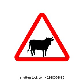Traffic warning cattle sign. Traffic warning cow sign. Road near animal farm. Road car with livestock. Red triangle with bull icon. Roadsign isolated on white background. Vector.