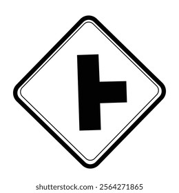 Traffic warning sign ahead there is a T-junction to the right, isolated on a white background.road.