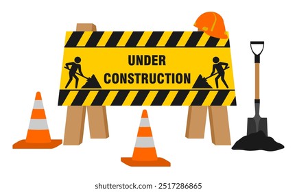 Tablero de la señal de advertencia del tráfico para la zona de la construcción. Ilustración vectorial aislada en el fondo blanco.