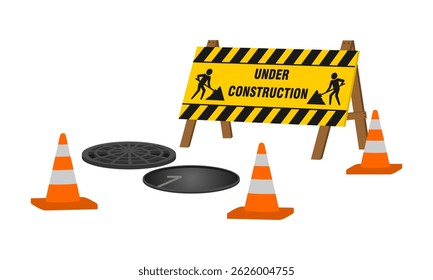 traffic warning sign board for construction zone with manhole. vector illustration isolated on white background.
