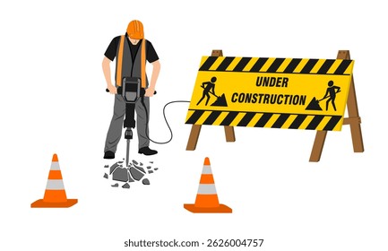 Tablero de la señal de advertencia del tráfico para la zona de la construcción con el trabajador de la construcción. Ilustración vectorial aislada en el fondo blanco.