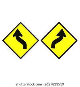 Traffic warning sign with left then right curve. Yellow diamond road sign with black arrow. Used for road safety and driver awareness on winding roads.