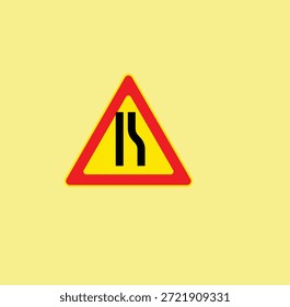 Señal de advertencia de tráfico que muestra estrechamiento de la carretera desde un lado. Símbolo de precaución del triángulo rojo con gráfico negro sobre fondo amarillo. Ilustración vectorial plana adecuada para la seguridad vial, la conciencia de conducción y el diseño de señalización de tráfico.