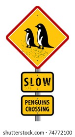 Traffic warning sign with text slow, Penguin crossing, vector illustration