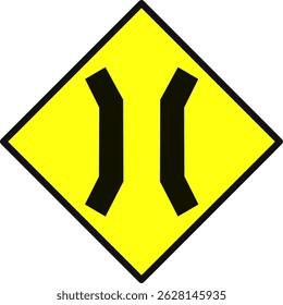 Traffic warning sign in yellow diamond shape indicating both lanes narrow ahead. Road caution symbol for drivers. Ideal for transport, signage, and safety designs.